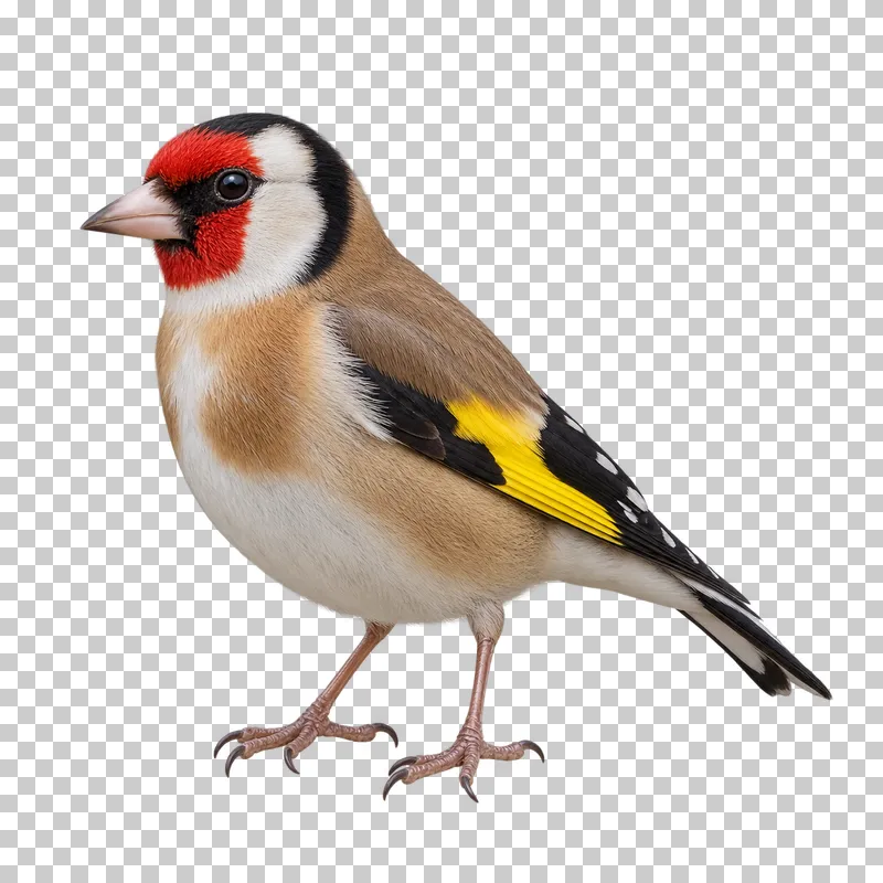 European goldfinch (Carduelis carduelis). Standing in side view with red face and folded yellow wing bar visible. Photorealistic isolated bird.