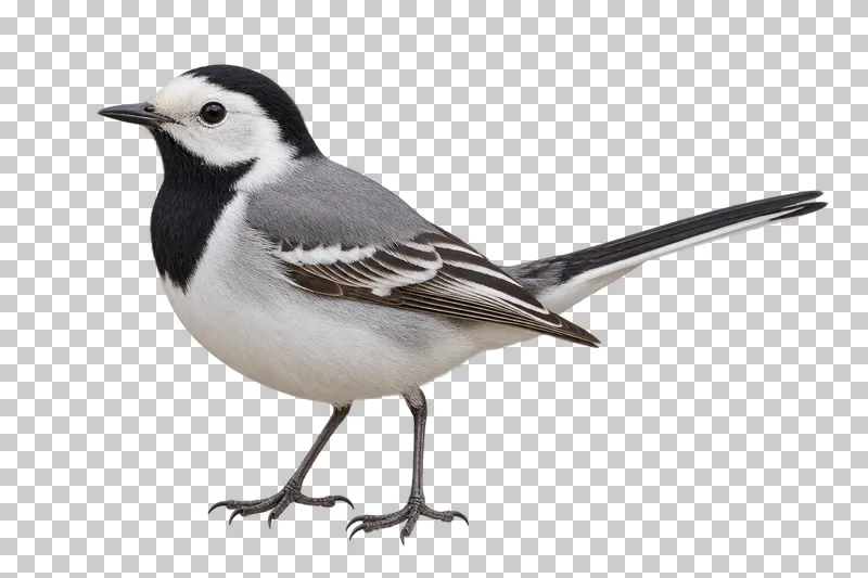 White wagtail (Motacilla alba). Standing in side view with slender body and long tail angled slightly upward. Photorealistic isolated bird.