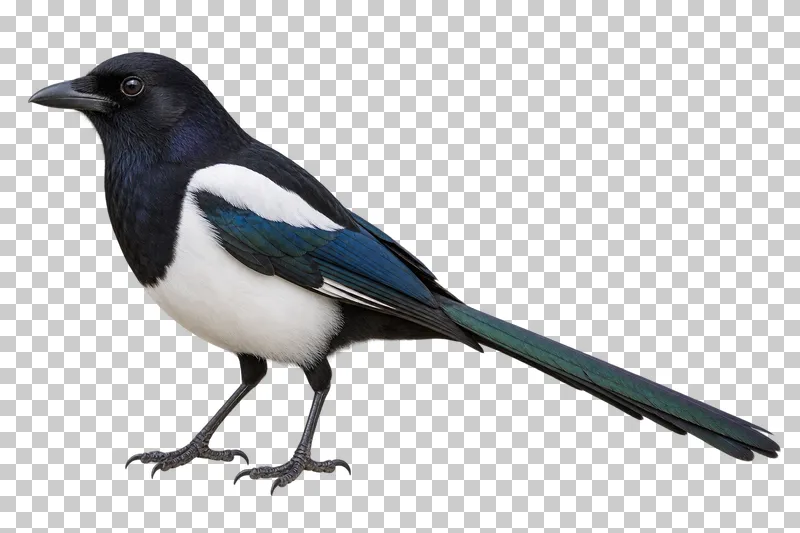 Eurasian magpie (Pica pica). Standing in side view, long complete tail gently angled backward. Photorealistic isolated bird.