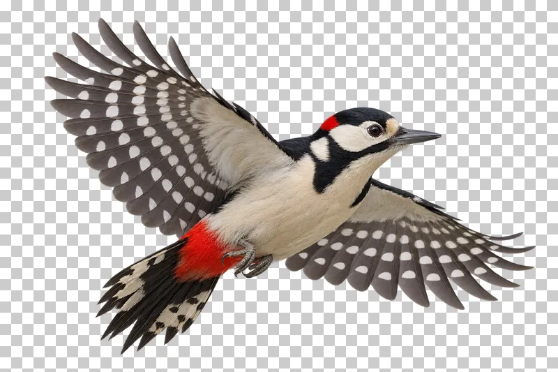 Great spotted woodpecker (Dendrocopos major). Flying with wings spread in a shallow downstroke, tail complete and feet tucked. Photorealistic isolated bird.