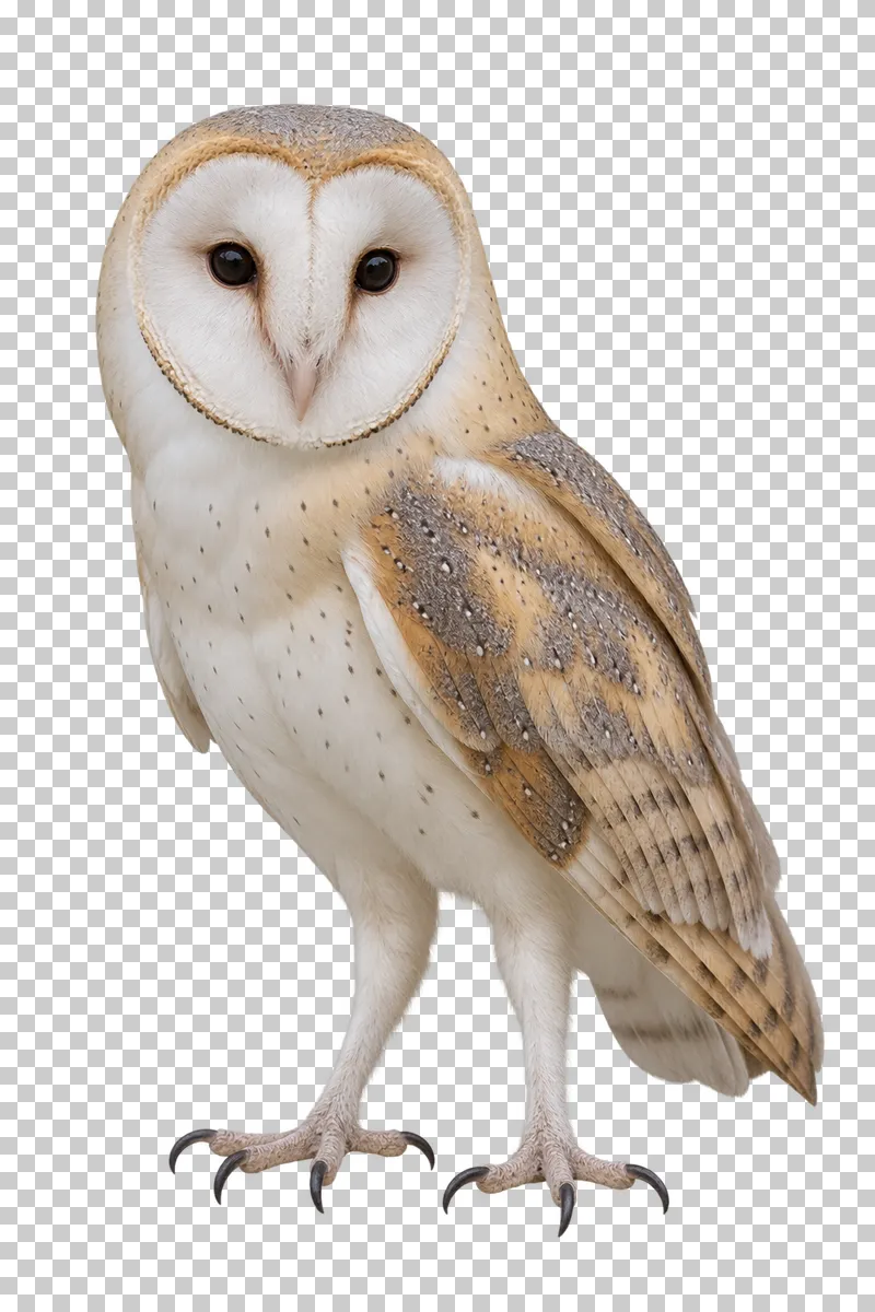Barn owl (Tyto alba). Standing upright in three-quarter view, facial disc turned toward viewer. Photorealistic isolated bird.