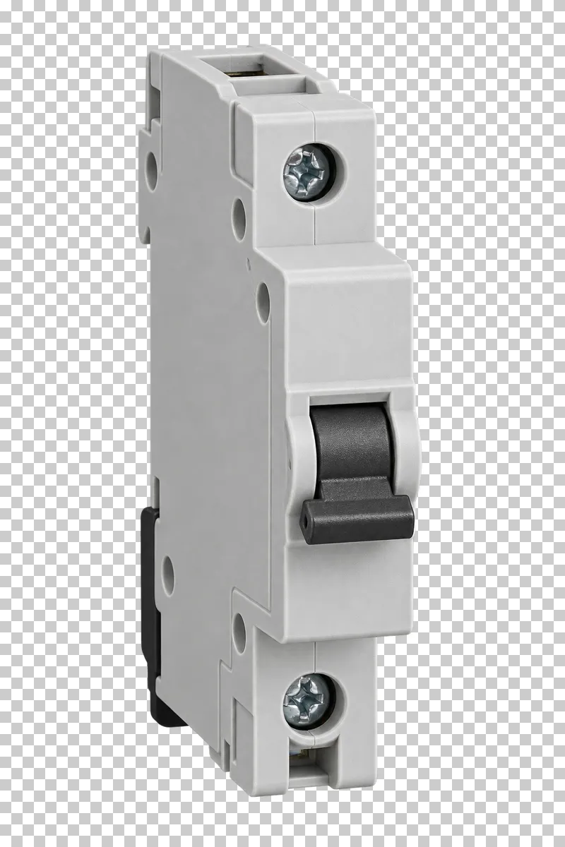 Photorealistic miniature circuit breaker isolated on a transparent background.
