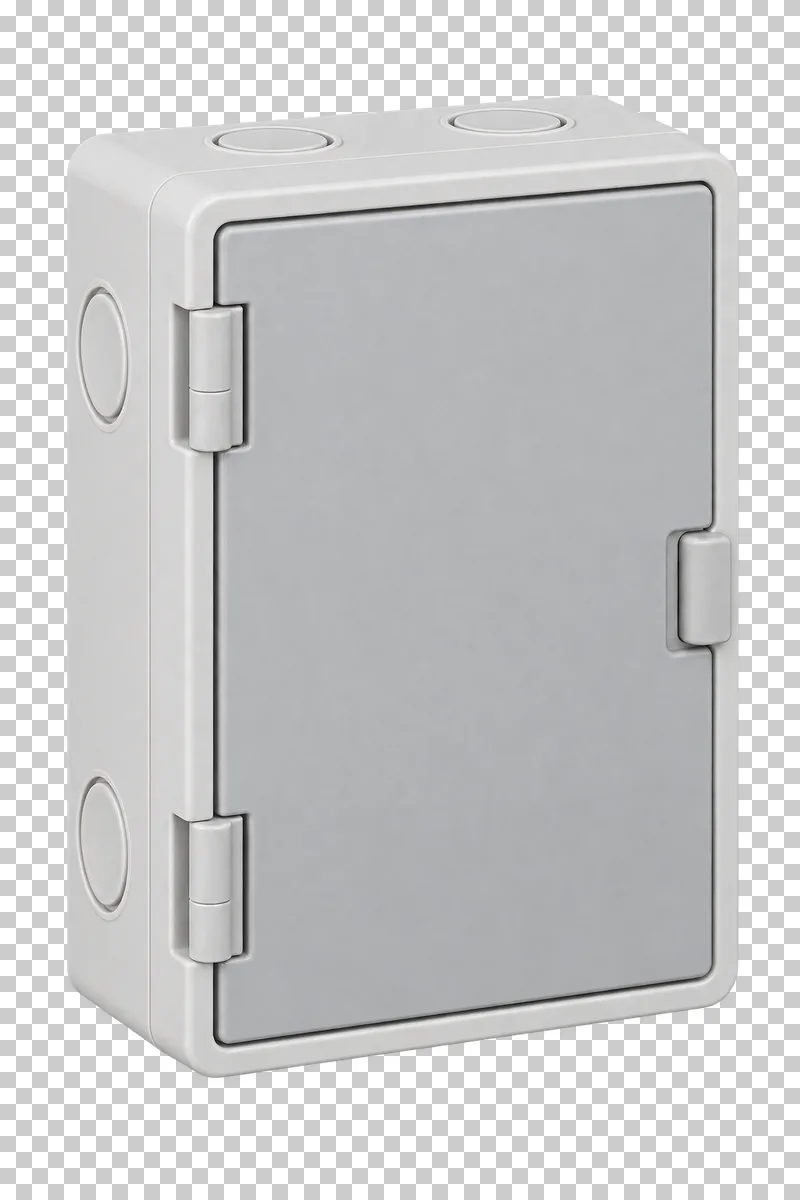 Photorealistic small closed distribution box isolated on a transparent background.