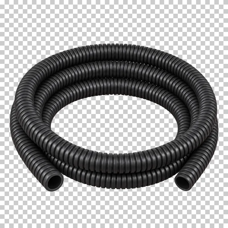 Photorealistic coiled corrugated conduit isolated on a transparent background.