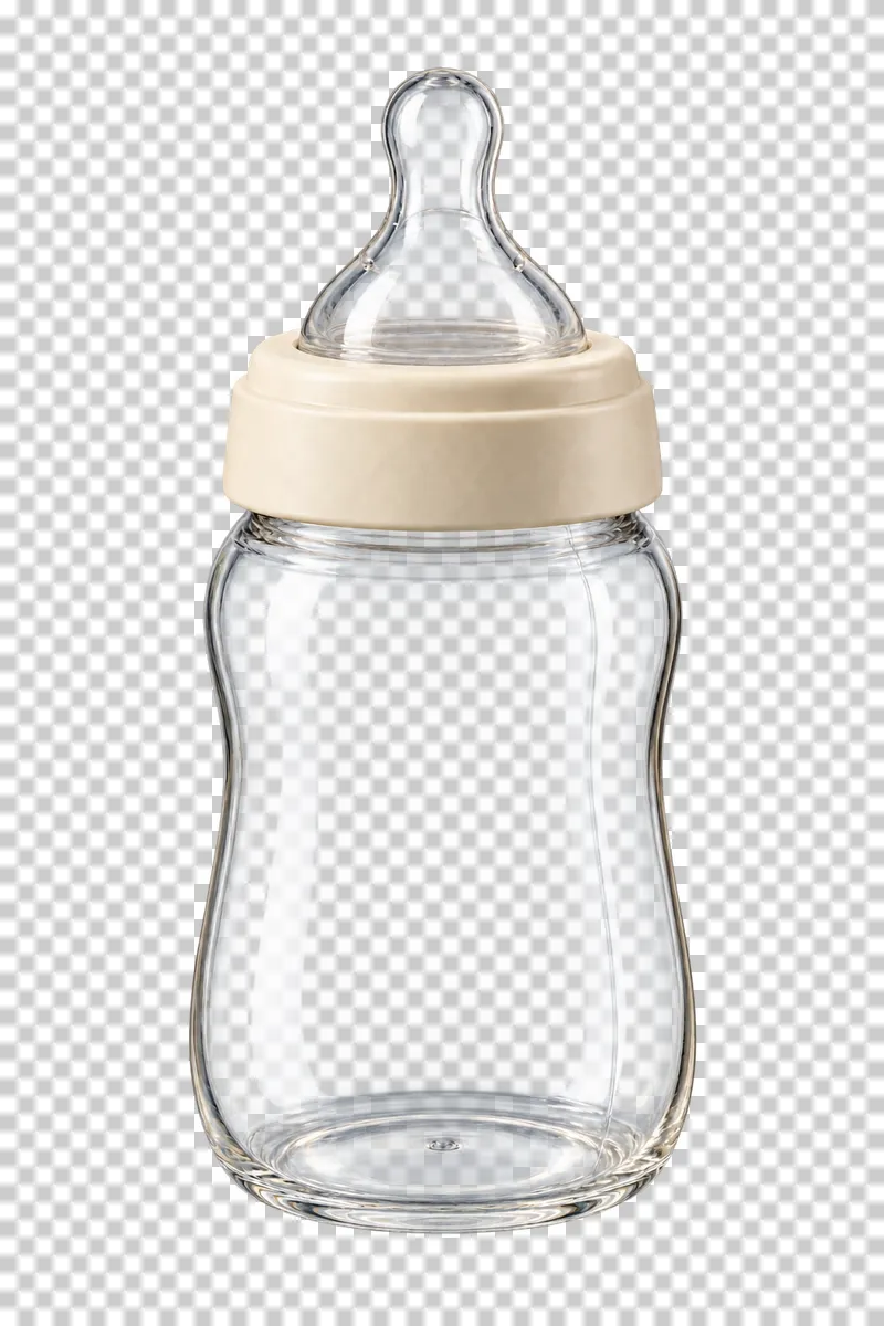 Clear empty feeding bottle with a cream collar and translucent silicone teat.