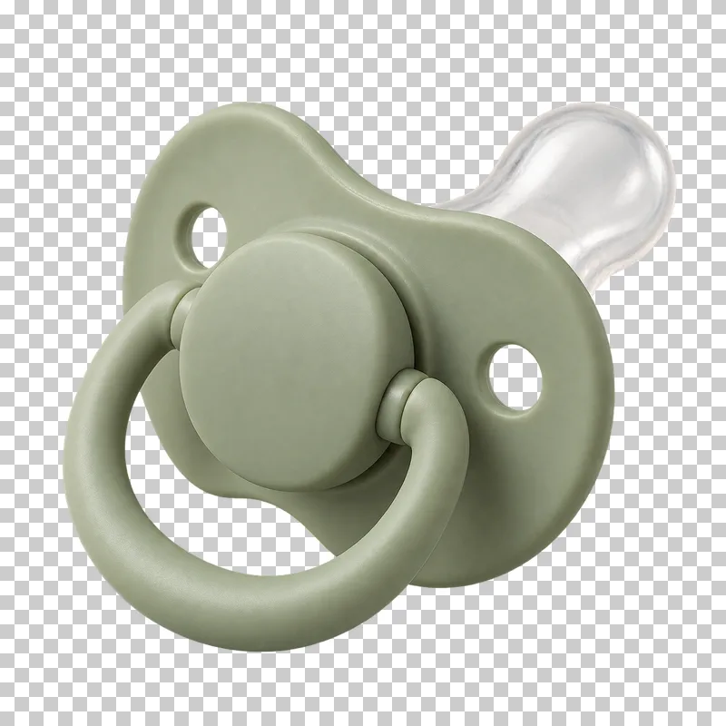 Sage pacifier with two ventilation holes, an attached ring handle and a translucent silicone nipple.