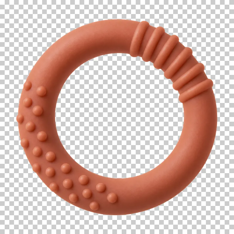 Terracotta silicone teething ring with rounded tactile bumps and molded ribs.