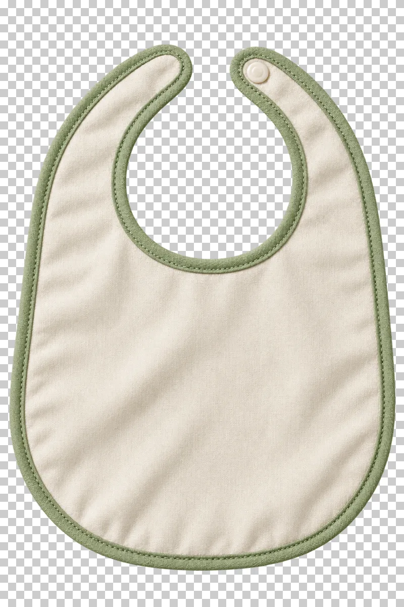 Cream woven cotton bib with sage edge binding, visible stitching and soft folds.