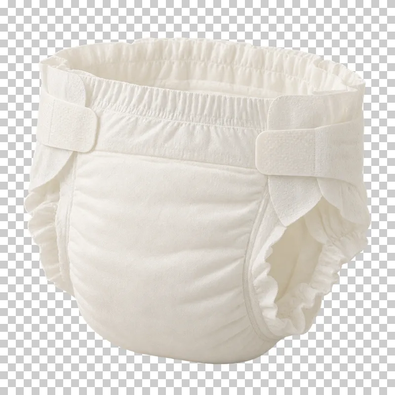 Clean cream-white disposable diaper with fastening tabs and gathered elastic cuffs.