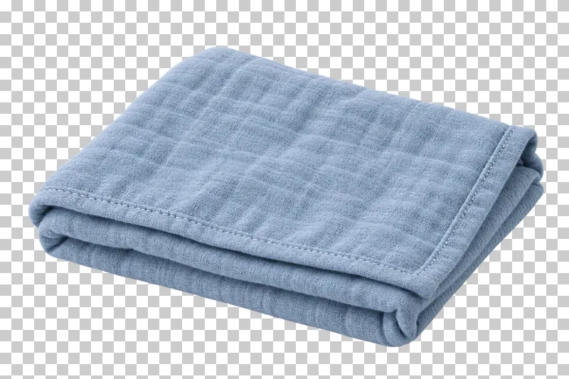 Folded muted blue muslin cloth with visible gauze weave and a stitched hem.