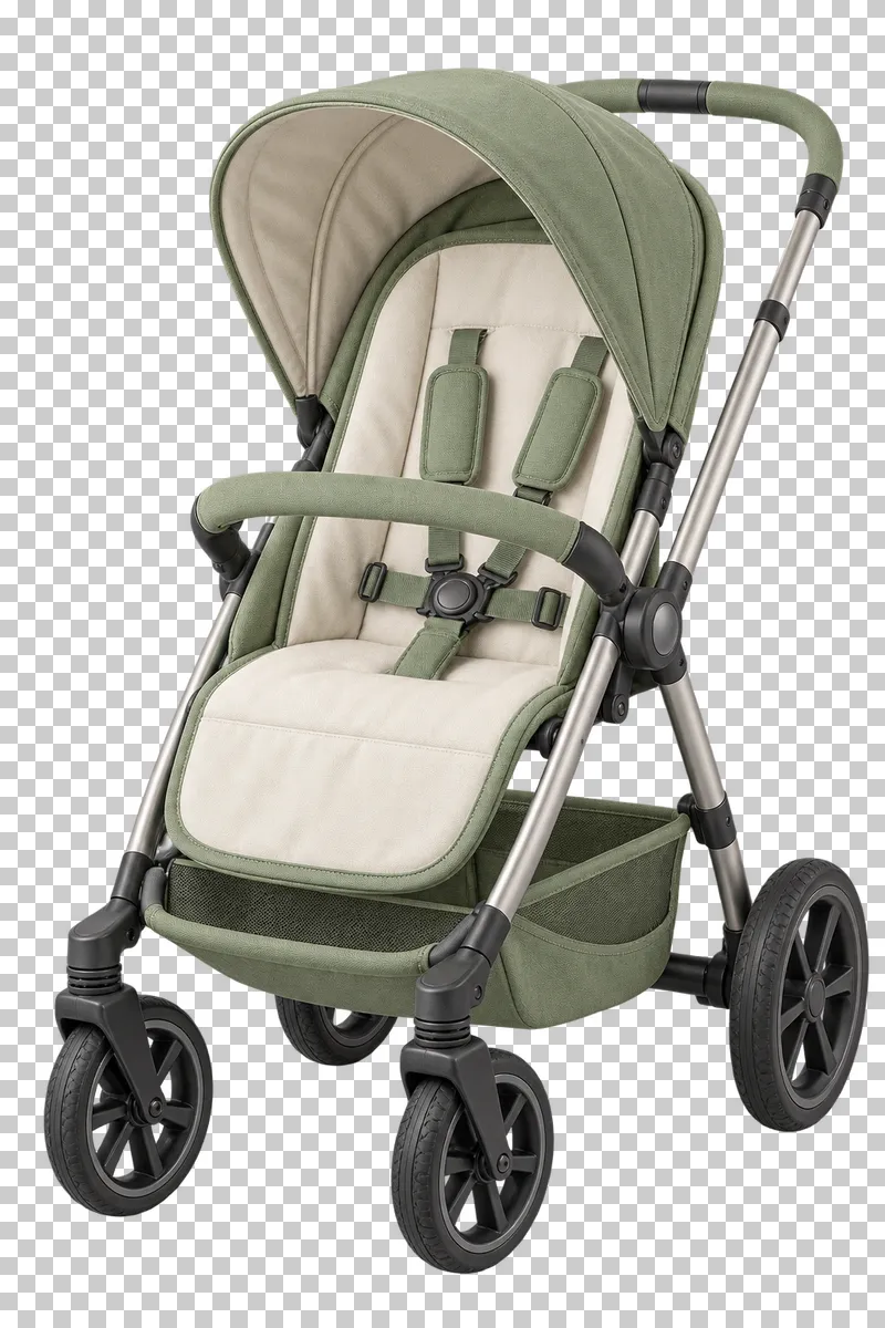 Empty sage and cream four-wheel stroller with a metal frame, canopy, basket and safety harness.