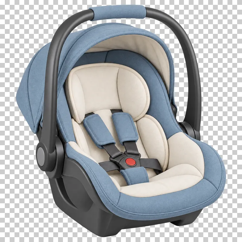 Empty blue and cream infant car seat with a carry handle and graphite five-point harness.