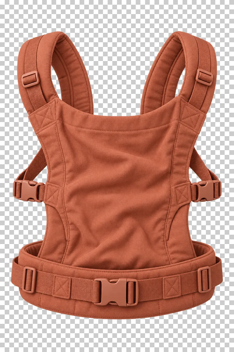 Empty terracotta soft baby carrier with a slack fabric panel, padded straps and attached buckles.