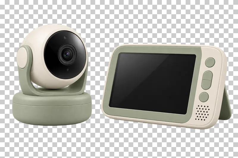 Cream and sage baby camera beside its matching parent display unit with an inactive screen.