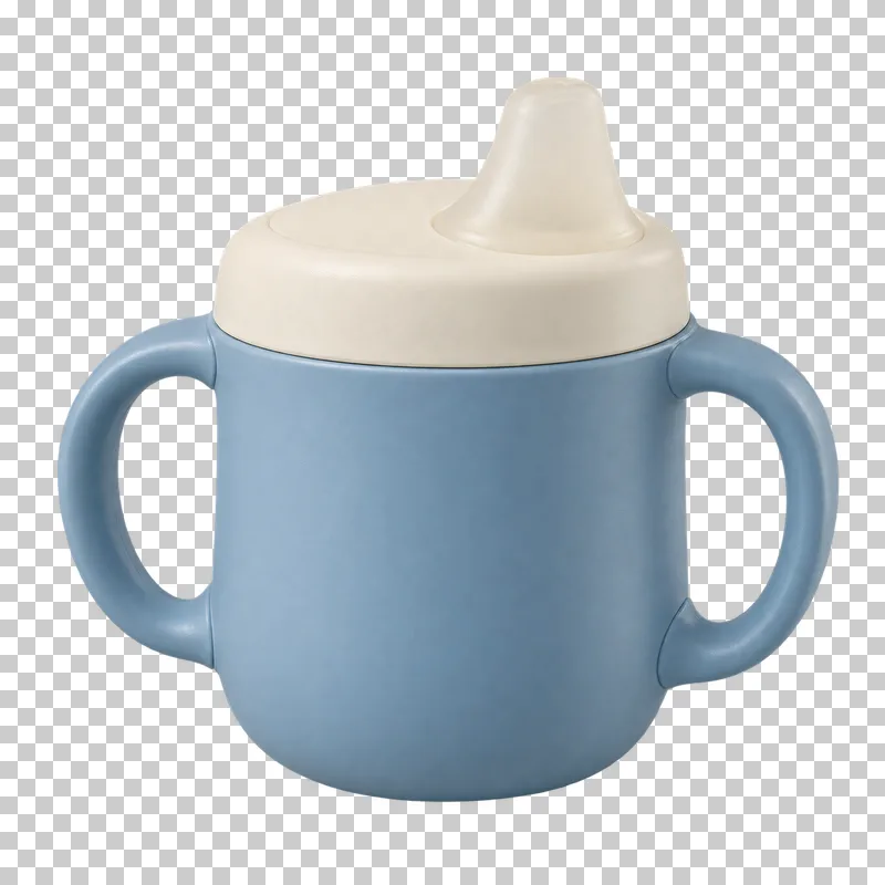 Muted blue training cup with two attached handles, a cream lid and a soft drinking spout.