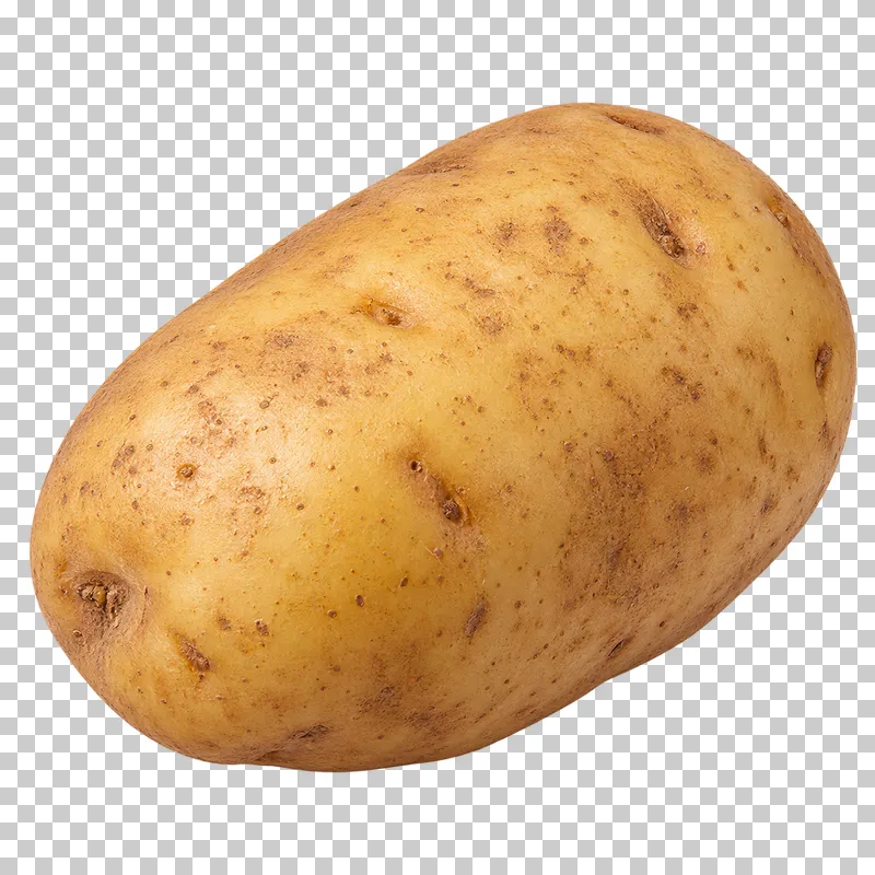 A whole potato with uneven tan skin and small natural marks.