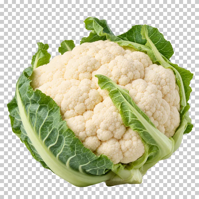 A whole cauliflower with cream florets and green wrapper leaves.