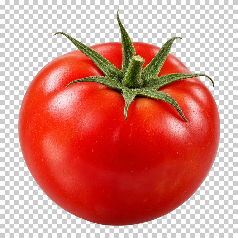 A ripe red tomato with an attached green calyx and short stem.
