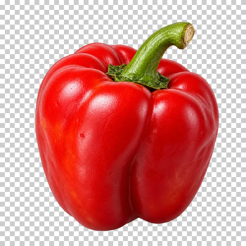 A whole red bell pepper with uneven lobes and a green stem.