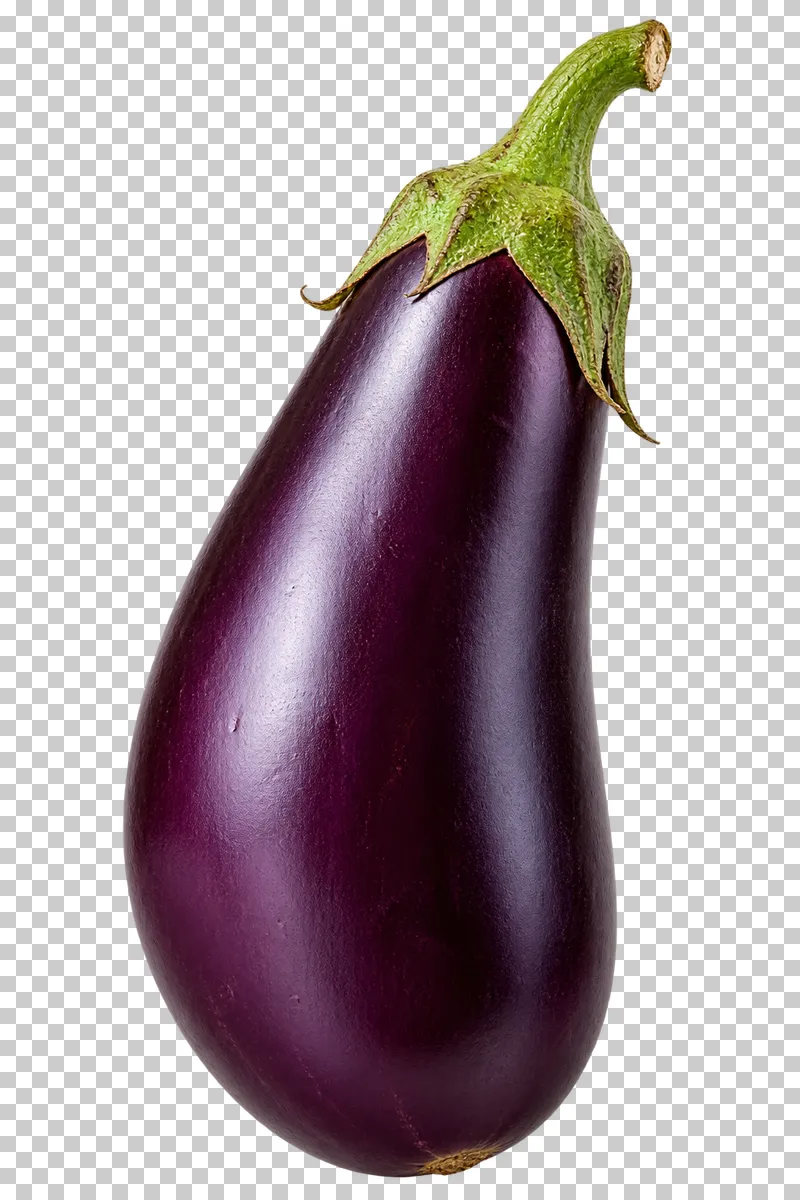A whole dark purple eggplant with a green calyx and stem.