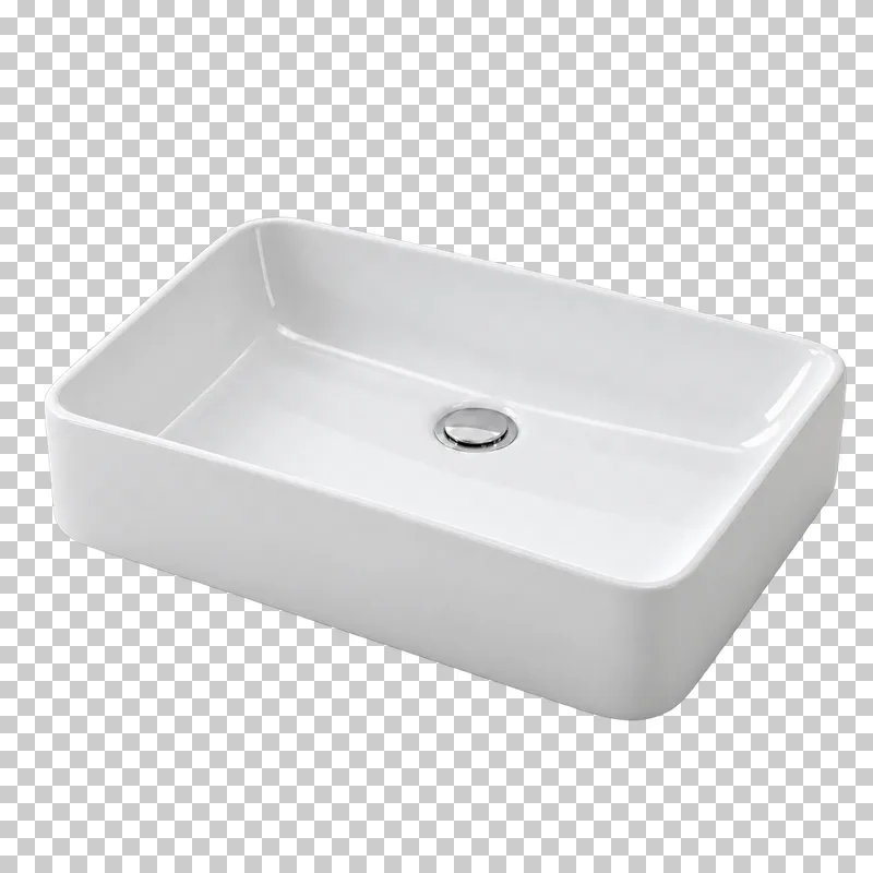 A white rectangular ceramic countertop basin with rounded corners, a visible bowl interior and chrome drain.