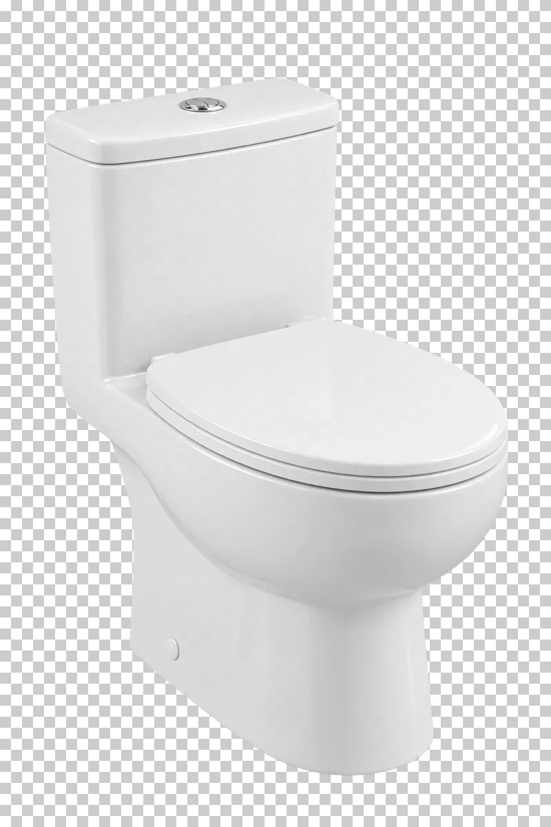 A white close-coupled toilet with an attached cistern, chrome flush button and closed seat and lid.