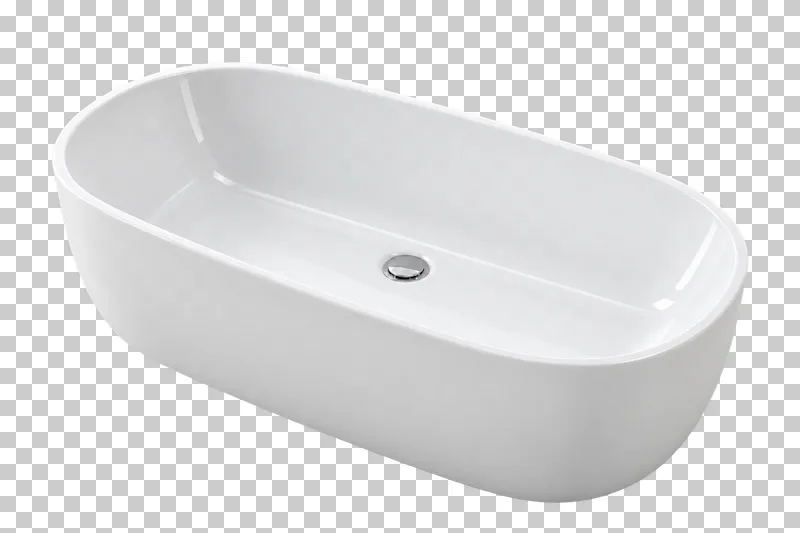 A white freestanding oval acrylic bathtub with its interior and chrome drain visible in three-quarter view.
