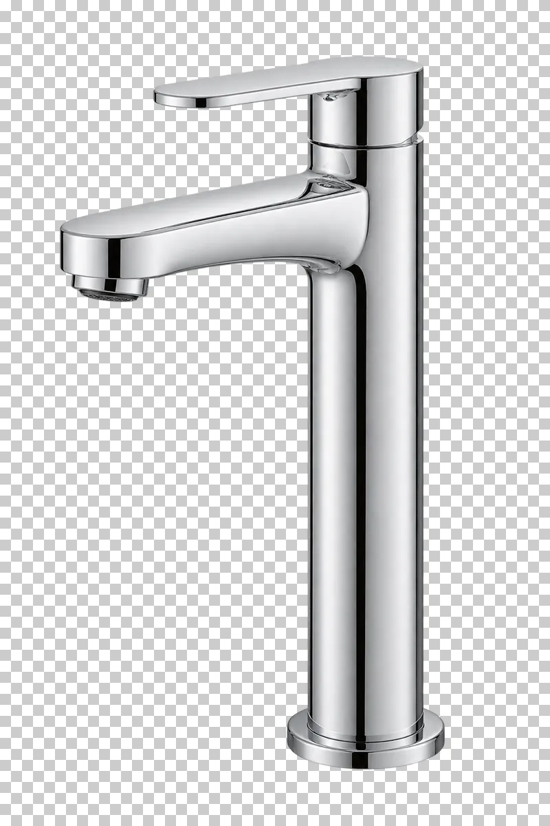 A tall chrome basin faucet with a single top lever, projecting spout and circular mounting base.
