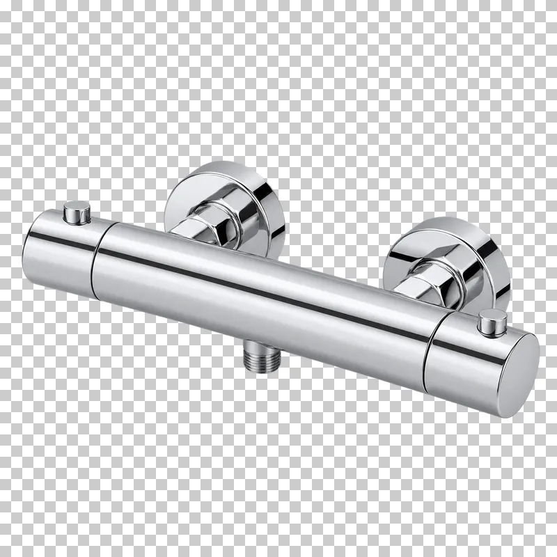 A chrome thermostatic shower mixer with two end controls, wall rosettes and a threaded hose outlet.