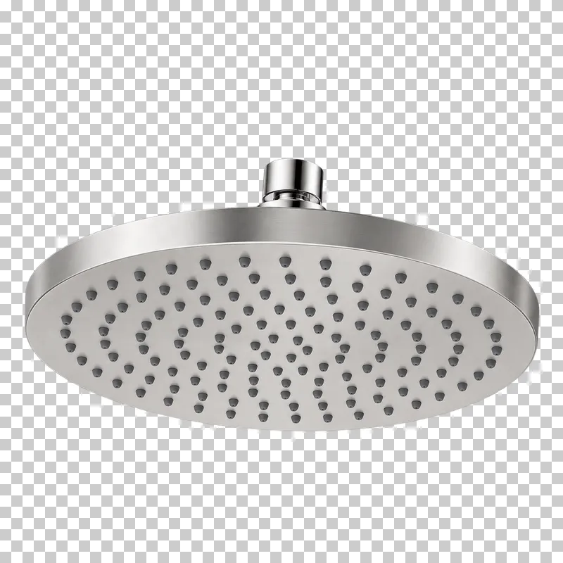 A round brushed steel rain shower head viewed from below, showing silicone nozzles and a swivel connector.