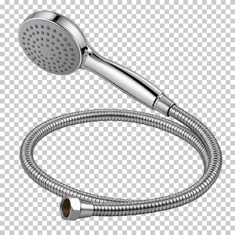 A chrome handheld shower with a round spray face and a loosely coiled metal hose ending in a free connector.