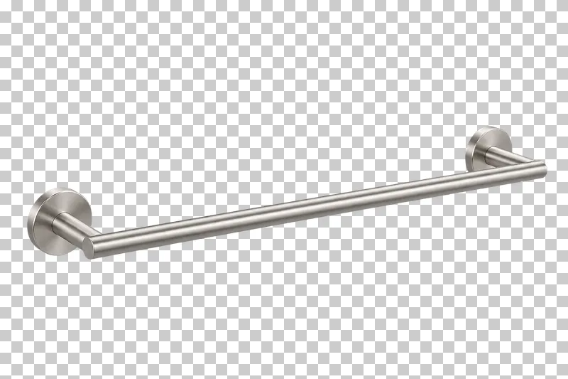 A straight brushed steel towel bar with two short supports and round wall mounting plates.