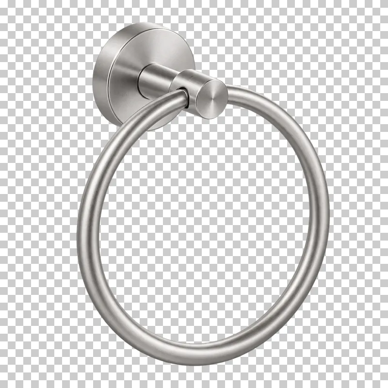 A brushed steel towel ring suspended from a pivot bracket and round wall mounting plate.