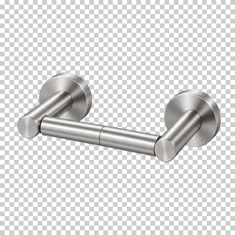 An empty brushed steel toilet paper holder with two wall supports and a removable telescopic spindle.