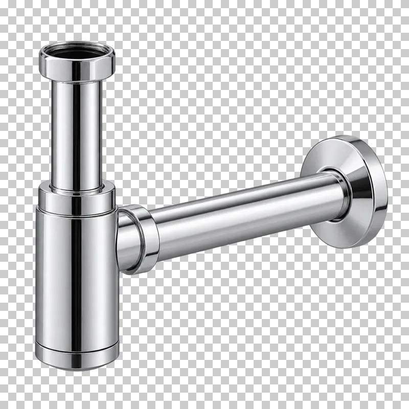 A chrome bottle trap with a vertical inlet, cylindrical chamber, bottom cap and horizontal outlet with a wall rosette.