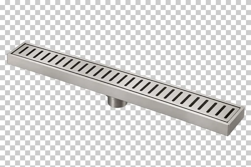A brushed steel linear shower drain with a slotted grate, rectangular channel and short underside outlet.