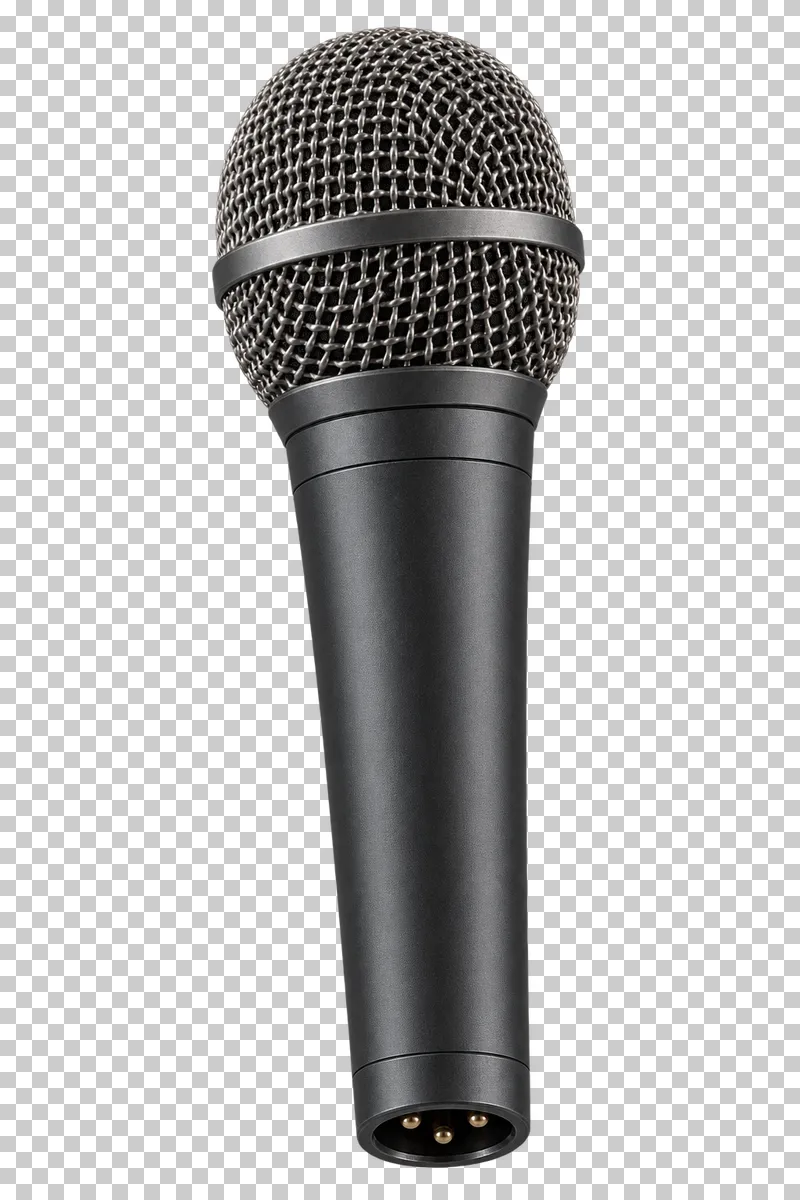Handheld dynamic microphone with a rounded steel mesh grille, matte black body and three-pin XLR connector.