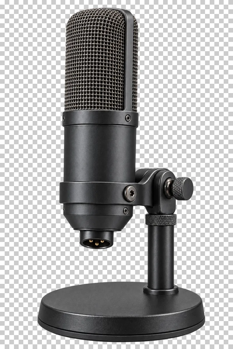 Large-diaphragm condenser microphone attached to a short round-base tabletop stand by a rigid collar and pivot mount.