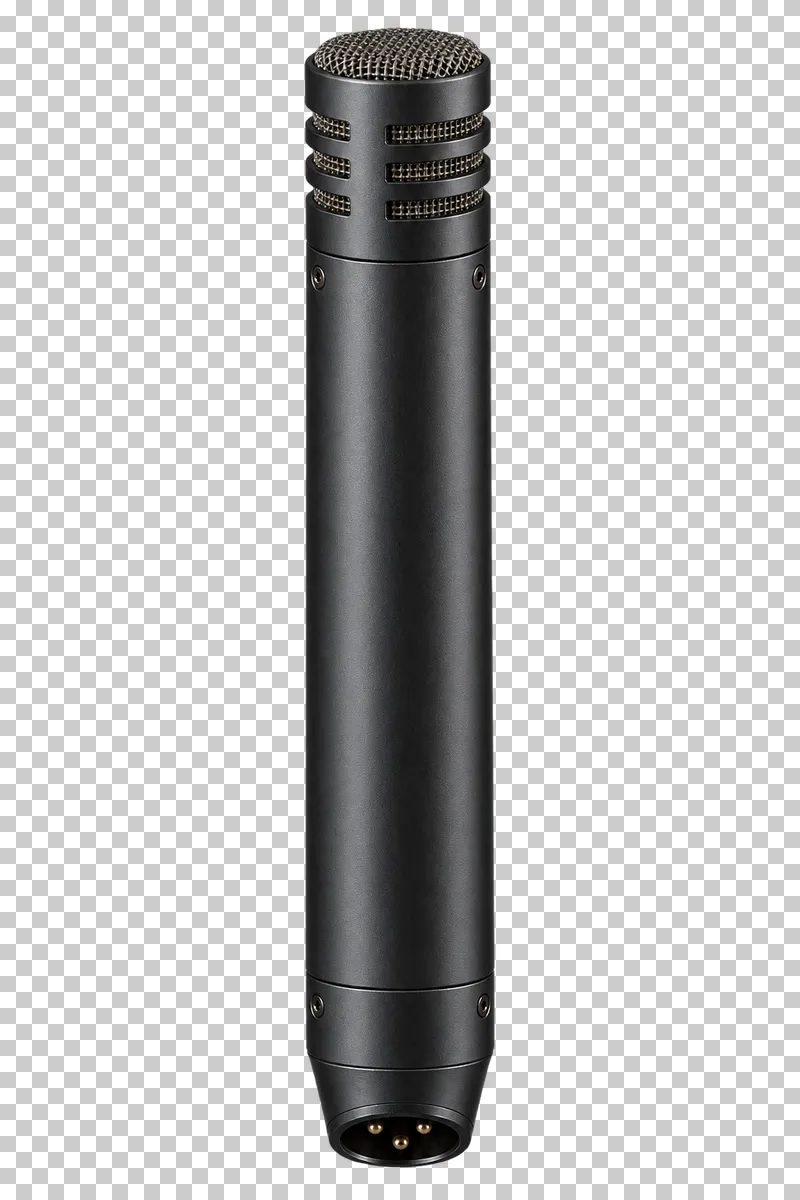 Small-diaphragm condenser microphone with a narrow cylindrical metal housing, mesh capsule and XLR connector.