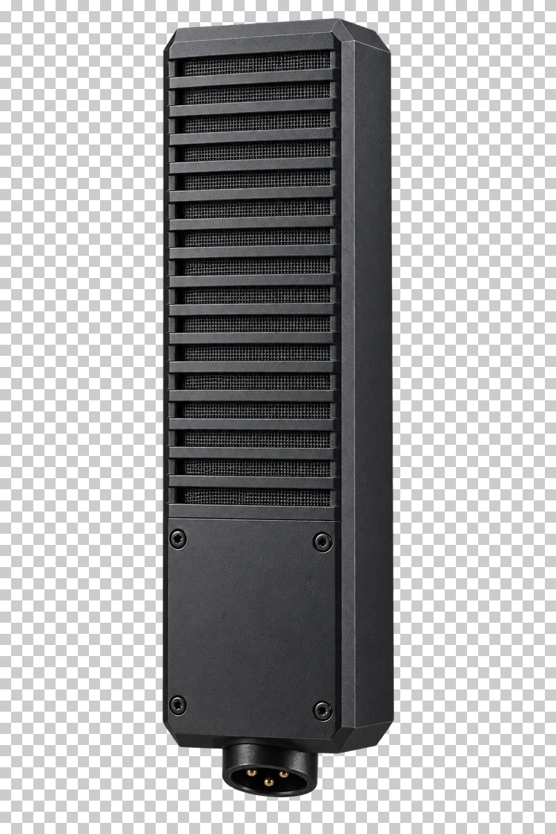 Rectangular ribbon microphone with horizontal protective slats over a steel mesh grille and a dark metal housing.