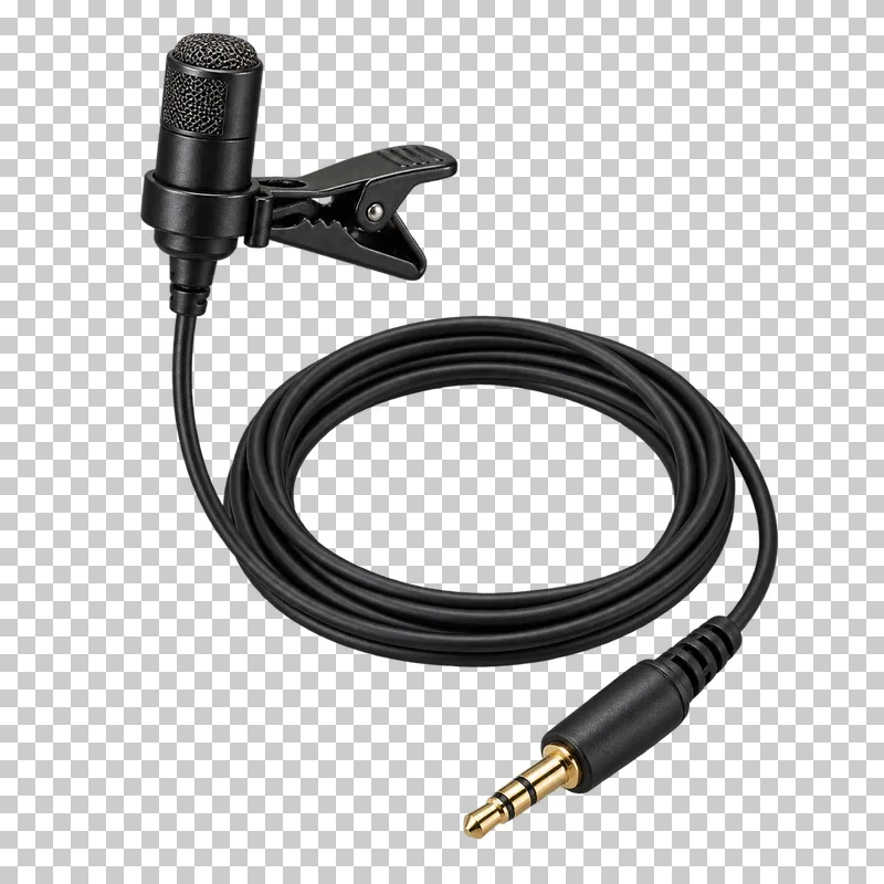 Lavalier microphone with a spring clip and a continuous coiled cable ending in a TRS jack plug.