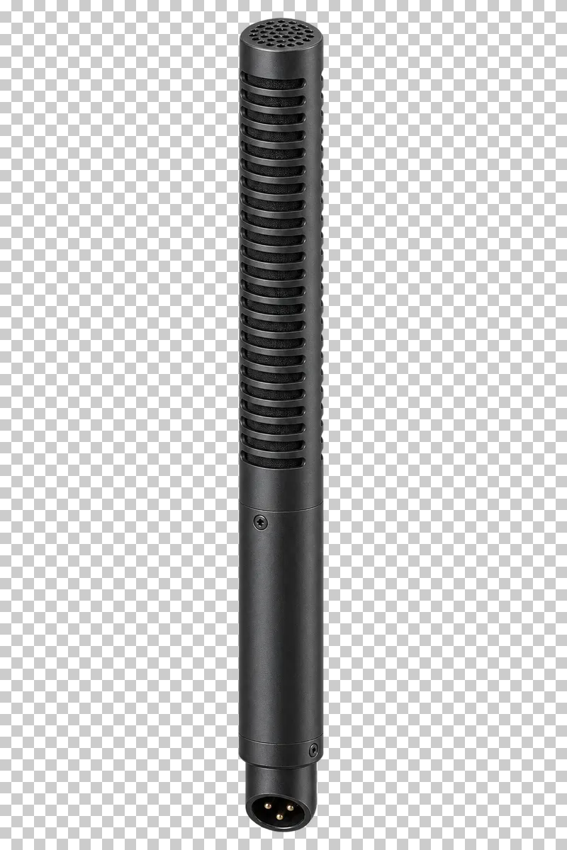 Long shotgun microphone with a slotted interference tube, mesh capsule and XLR connector.
