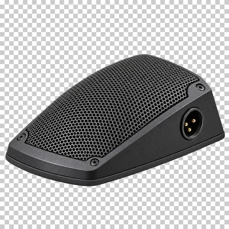 Low-profile boundary microphone with a perforated dark housing and complete base.