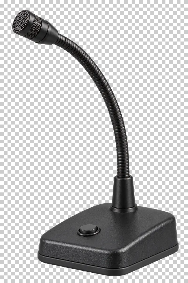 Gooseneck microphone with a small mesh capsule, flexible neck and weighted tabletop base.
