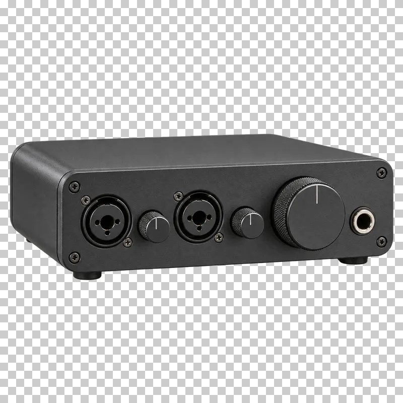 Compact audio interface with two front microphone inputs, gain controls, a large output knob and a headphone socket.