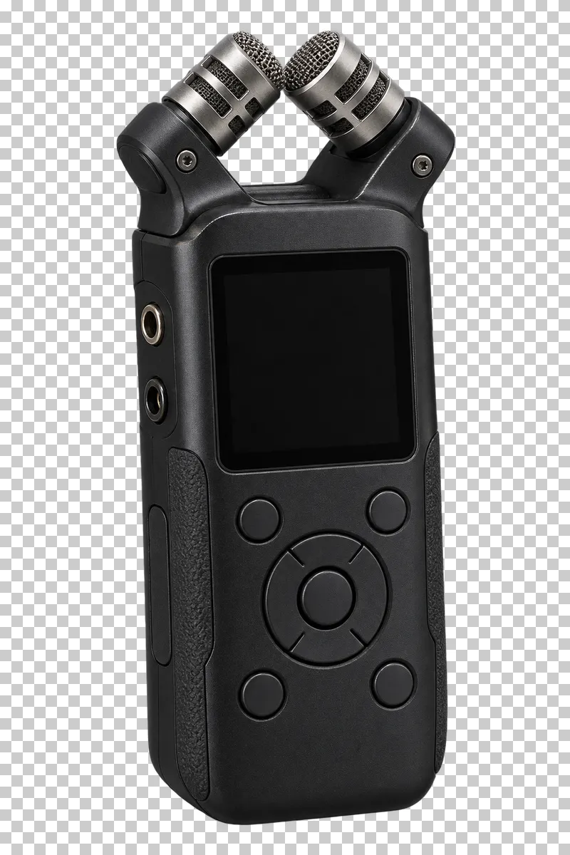 Portable audio recorder with two angled microphone capsules, an unlit screen and round control buttons.