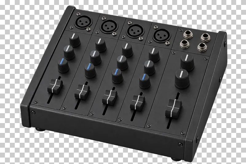 Compact audio mixer with rotary knobs, channel faders, sockets and a dark metal housing.