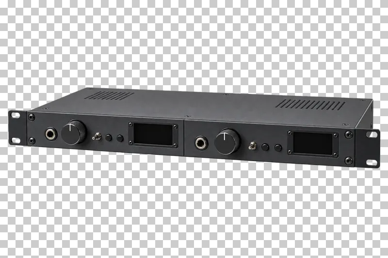 Rack microphone preamplifier with rack ears, front input connectors, rotary controls and an unlit display.