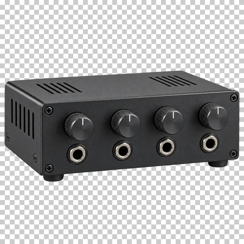 Compact headphone amplifier with headphone sockets, volume controls and a dark metal enclosure.