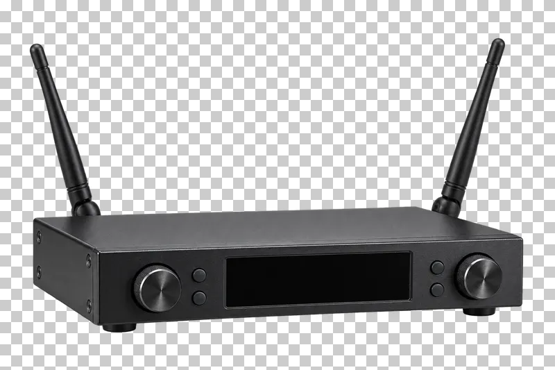 Wireless microphone receiver with two antennas, an unlit display and a low rectangular metal housing.